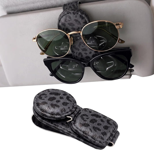 Dual Clip Car Sunglasses Holder, Applicable to Most Eyeglasses, Magnetic Leather Sun Glasses Mount Clip on Visors, Holds 2 Pairs of Glasses, Car Interior Visor Accessories (Leopard-Black)