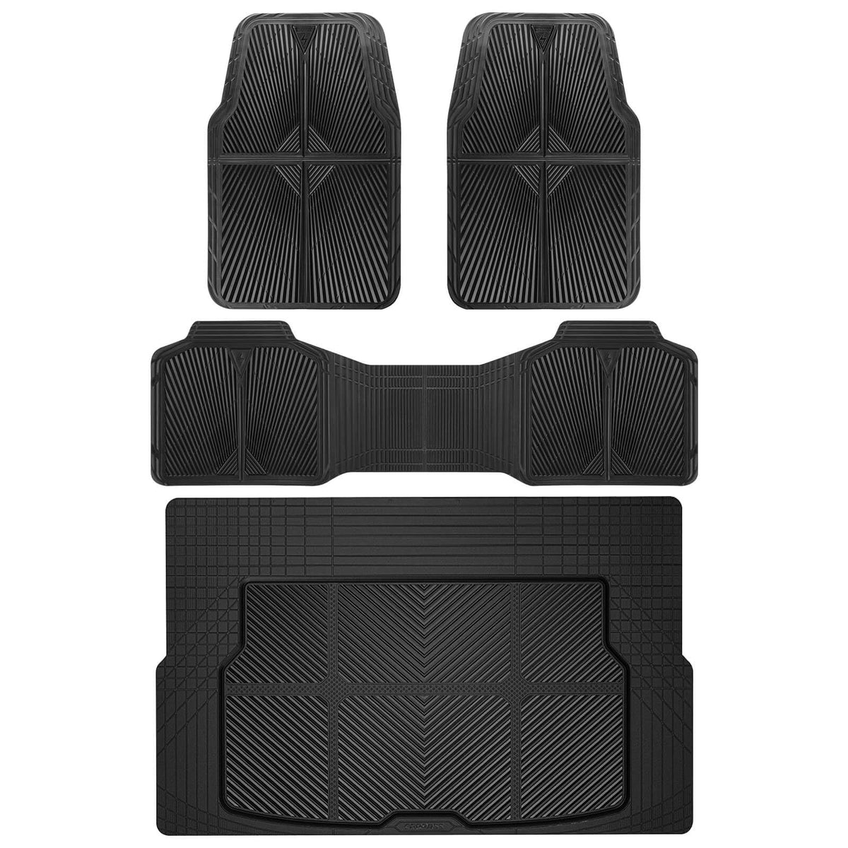 CAR PASS Rubber Floor Mats, All Weather Waterproof Trim-to-Fit Automotive Mats for Cars Trucks SUV, Anti-Slip Easy Clean, Heavy Duty Full Set 3-Piece, All Black