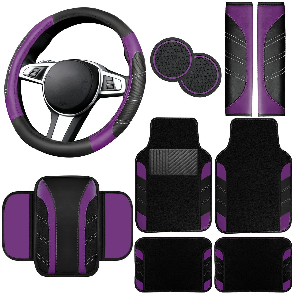 NBTEPEM 6 Pcs Pink Steering Wheel Cover Set, Sport Microfiber Leather Steering Wheel Cover 14.5-15inch Universal, Car Center Console Cover, Seat Belt Cushion, Cup Coasters, Pink Car Accessories Set