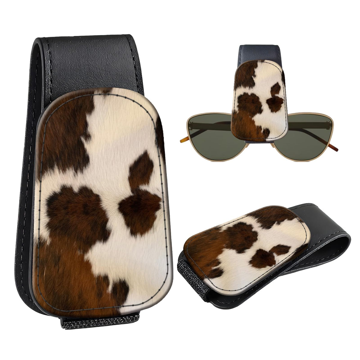 Leather Magnetic Sunglass Holder for Car Sun Visor, Cute Eyeglass Ticket Card Hanger Clip, Universal Auto Interior Accessories for SUV Pickup Truck, Beige Flower