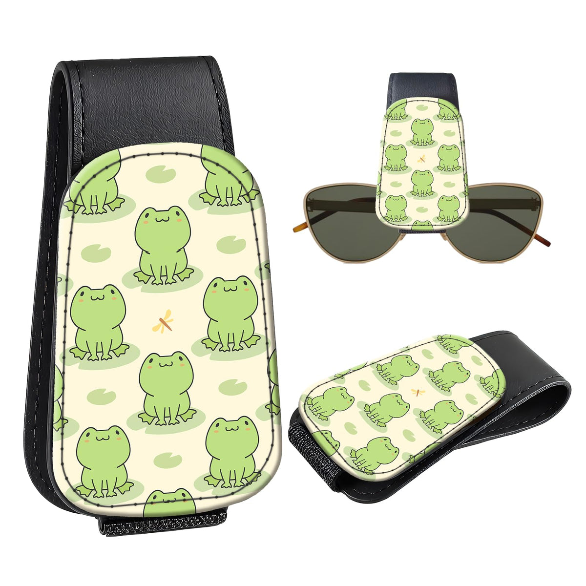 Leather Magnetic Sunglass Holder for Car Sun Visor, Cute Eyeglass Ticket Card Hanger Clip, Universal Auto Interior Accessories for SUV Pickup Truck, Green Camo