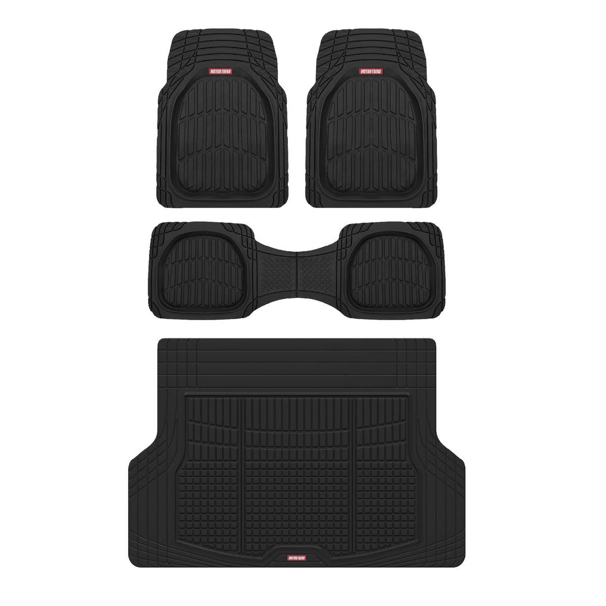 Motor Trend FlexTough 4-Piece Heavy Duty Floor Mats for Cars Trucks SUVs, Automotive Floor Mats Car Mats Full Set Front, Rear & Cargo, Trim-To-Fit Semi-Custom Deep Dish All Weather Rubber Mats - Black