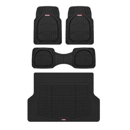 Motor Trend FlexTough 4-Piece Heavy Duty Floor Mats for Cars Trucks SUVs, Automotive Floor Mats Car Mats Full Set Front, Rear & Cargo, Trim-To-Fit Semi-Custom Deep Dish All Weather Rubber Mats - Black