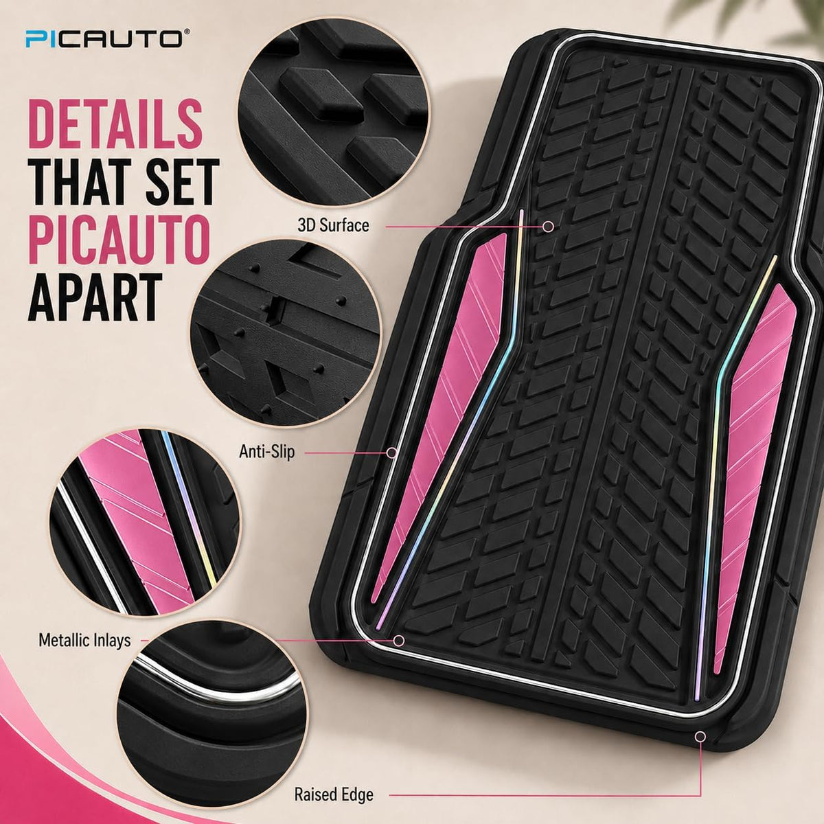 PIC AUTO Car Floor Mats, Pink Aluminum-Molded with Full-Circle Iridescent Inlay Strip Car Mats, Universal-Fit Rubber Mats for Cars, Trucks & SUVs, All-Weather, Non-Slip, Easy-to-Clean Interior Mats