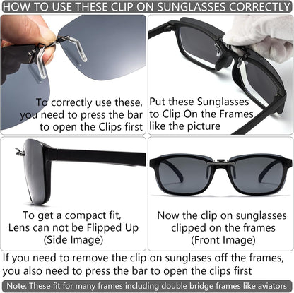 CAXMAN Polarized Clip On Sunglasses Over Prescription Glasses Men Women Compact Fit Non-Flip Up