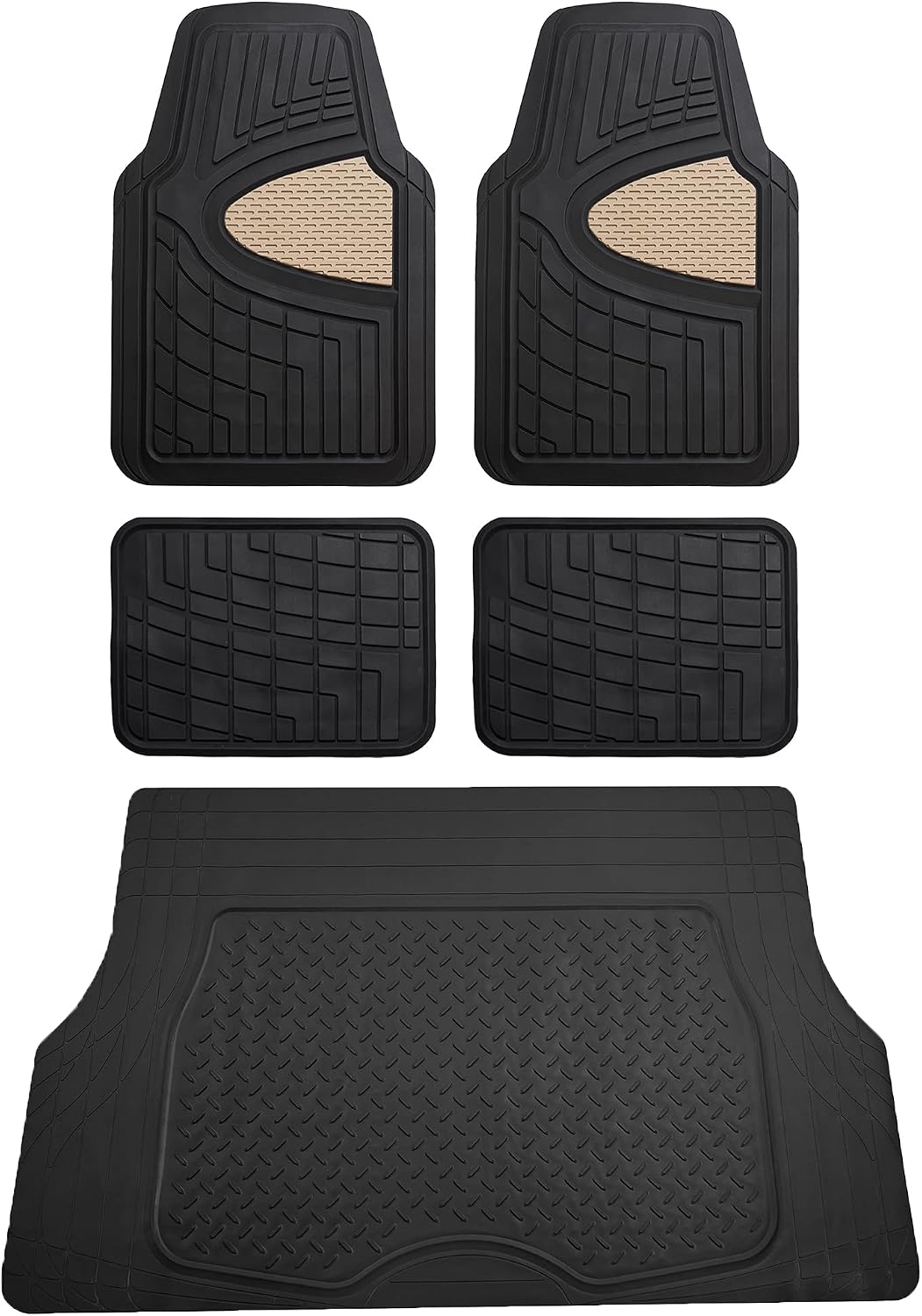 FH Group Premium Liners Tall Channel Trimmable All Weather Rubber Full Set Car Floor Mats (Beige) w. Trimmable All-Season Cargo Liner (Black) - Universal Fit for Cars Trucks and SUVs