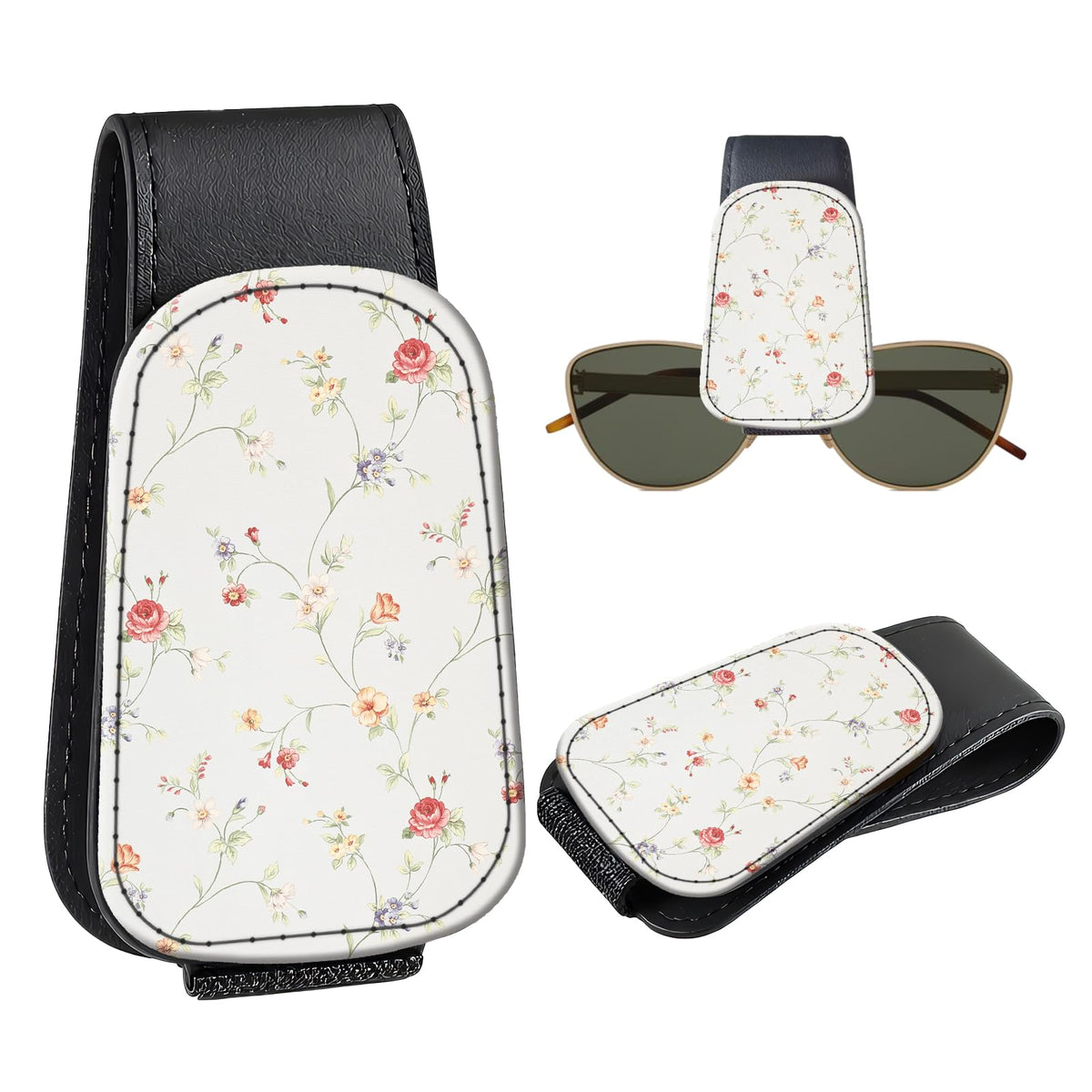 Leather Magnetic Sunglass Holder for Car Sun Visor, Cute Eyeglass Ticket Card Hanger Clip, Universal Auto Interior Accessories for SUV Pickup Truck, Sun Moon