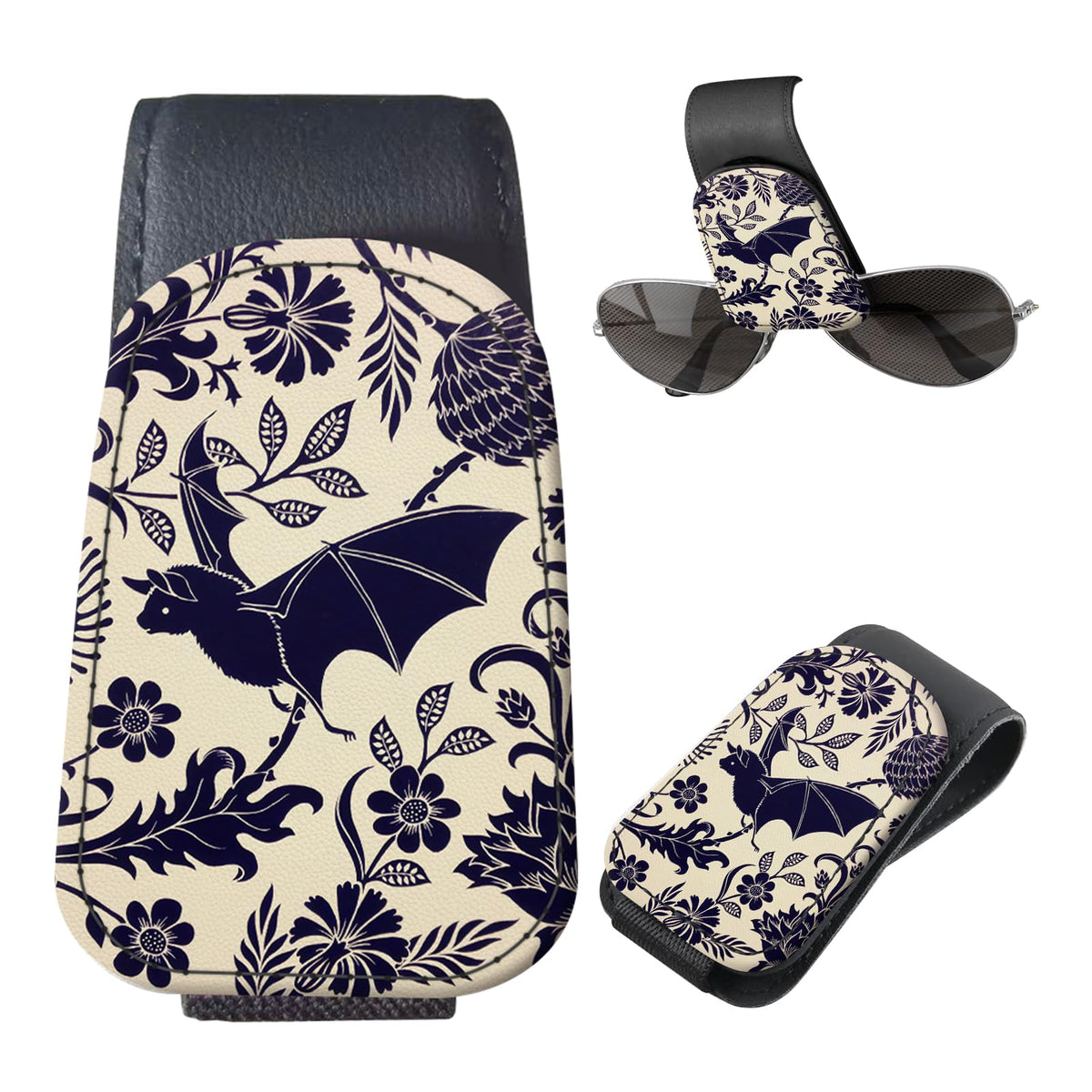 Sunglasses Holder for Car Visor, PU Leather Glasses Clip Organizer, Cute Magnetic Eyeglass Holder for Vehicle Sun Visor, Car Interior Accessory for Women & Men Purple Butterfly Bloom