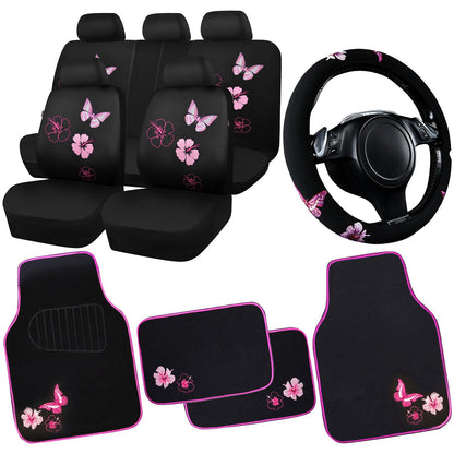 CAR PASS Embroidery Butterfly and Flower Car Floor Mats, Pink Car Floor Mats Universal Fit 95% Automotive,SUVS,Sedan,Vans,for Cute Women,Girly,Set of 4 (Black with Pink)