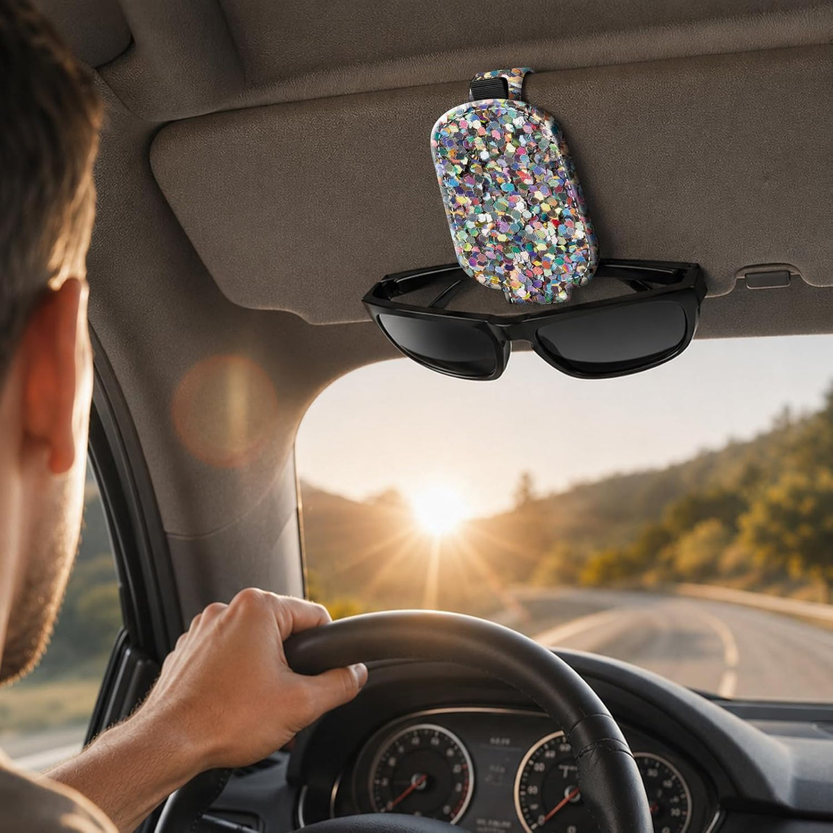 Sunglasses Holder for Car Visor, PU Leather Glasses Clip Organizer, Cute Magnetic Eyeglass Holder for Vehicle Sun Visor, Car Interior Accessory for Women & Men, Glitter