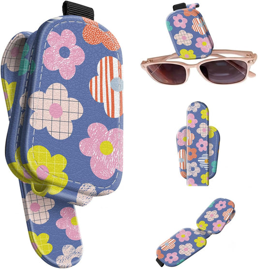 Sunglasses Holder for Car Visor, PU Leather Glasses Clip Organizer, Cute Magnetic Eyeglass Holder for Vehicle Sun Visor, Car Interior Accessory for Women & Men, Colorful Daisy