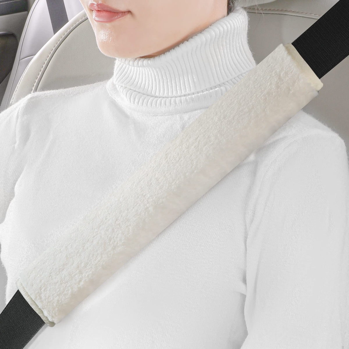 LACDL Extra Long Seatbelt Covers Super Soft Furry for Adults Kids Women & Men, Thick Plush Full Car Seat Belt Cushion, Fluffy Shoulder Pad Protector, Auto Interior Accessories, 1pc, Off White, 15.5in