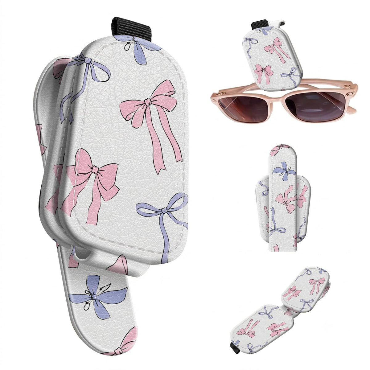 Sunglasses Holder for Car Visor, PU Leather Glasses Clip Organizer, Cute Magnetic Eyeglass Holder for Vehicle Sun Visor, Car Interior Accessory for Women & Men, Tiny Strawberries