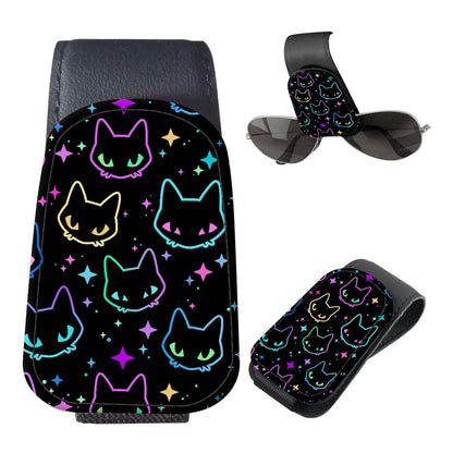 Sunglasses Holder for Car Visor, PU Leather Glasses Clip Organizer, Cute Magnetic Eyeglass Holder for Vehicle Sun Visor, Car Interior Accessory for Women & Men Pastel Cat Stack