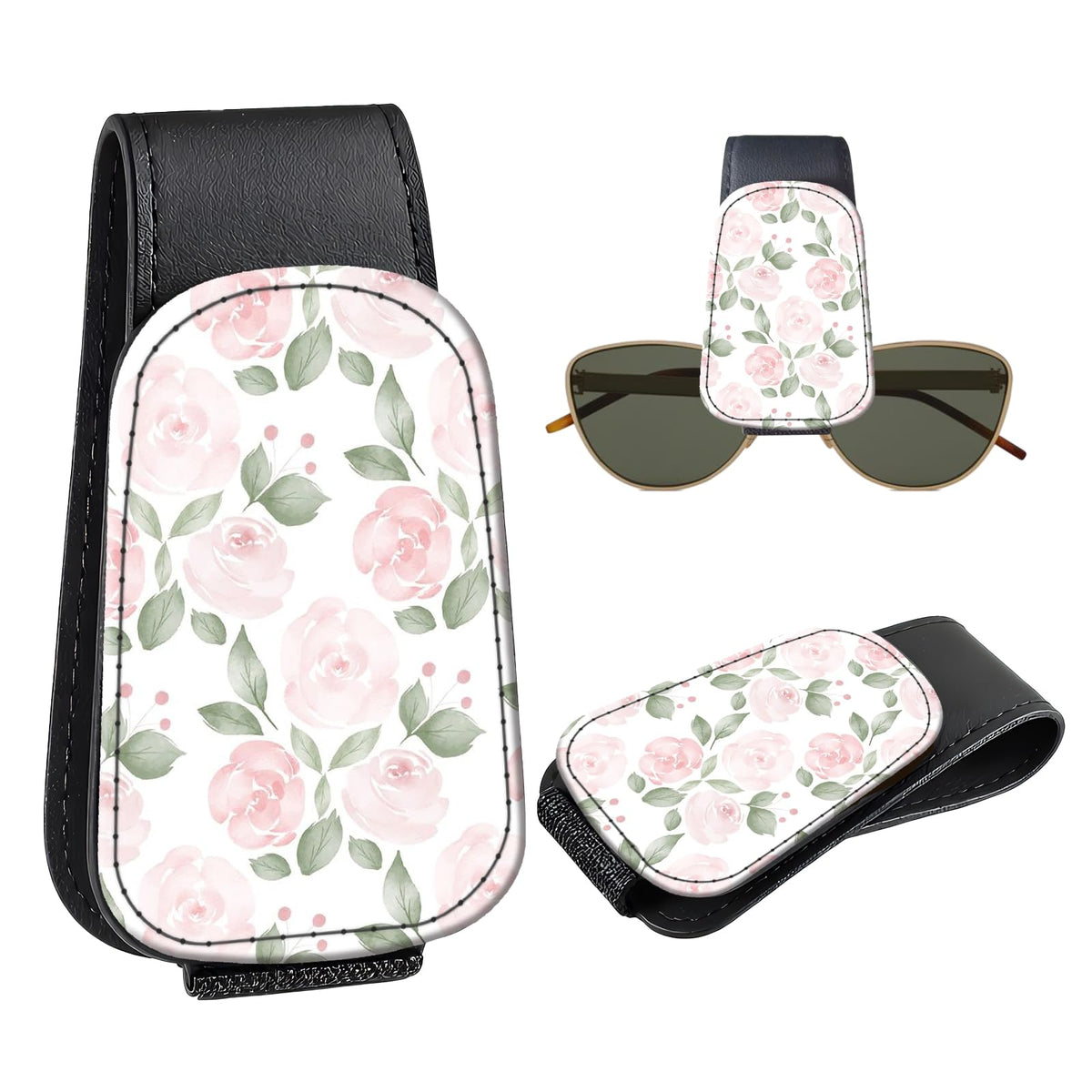 Leather Magnetic Sunglass Holder for Car Sun Visor, Cute Eyeglass Ticket Card Hanger Clip, Universal Auto Interior Accessories for SUV Pickup Truck, Cherry Pattern