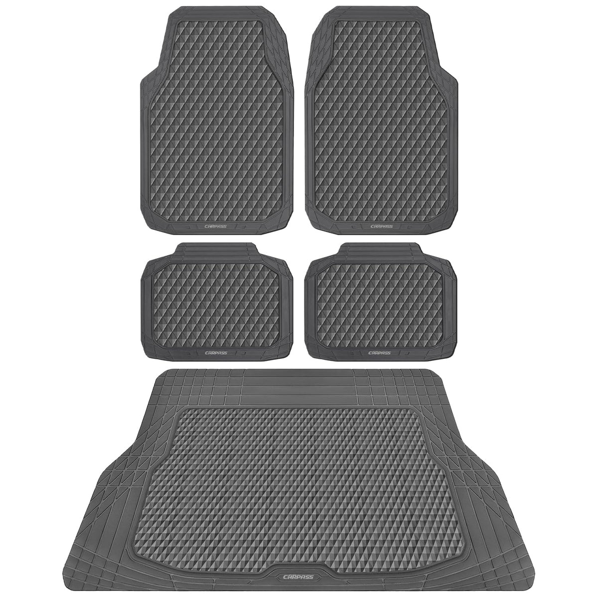 CAR PASS Black Rubber Car Mats, All-Weather Floor Mats Full Set Durable Anti-Slip 3D Rhombus Waterproof Automotive Pad Trim to Fit Liner Universal Fit for Sedan SUV Truck Van, 4 Pcs All Black Rubber