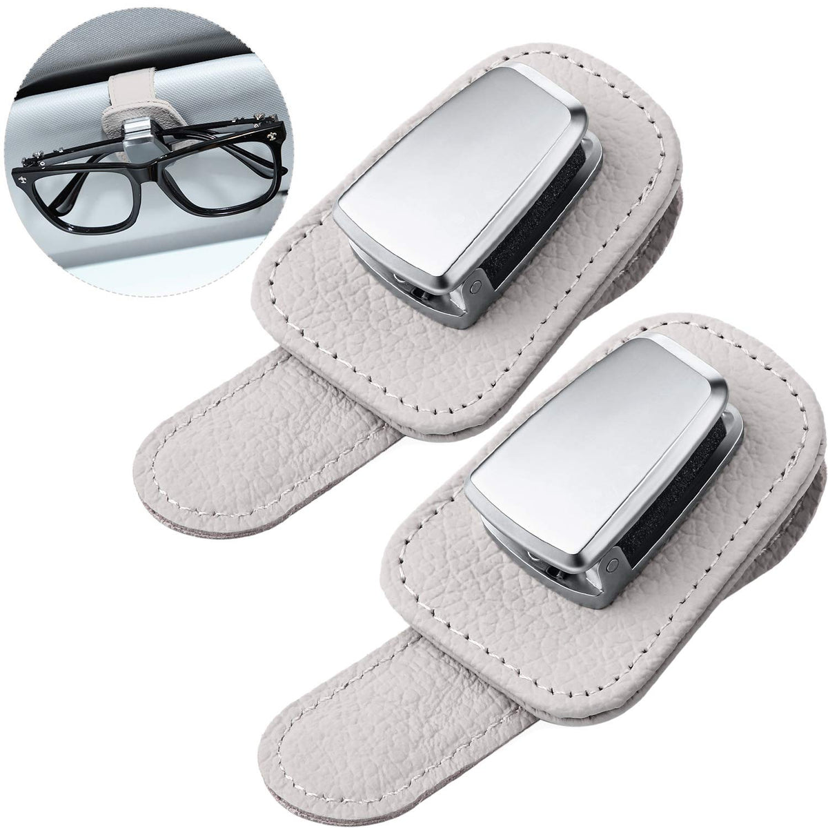Mudder 2 Packs Sunglasses Holder for Car Universal Visor Sunglasses Holder Clip Leather Eyeglasses Hanger and Ticket Card Clip Eyeglasses Mount for Car(Beige)