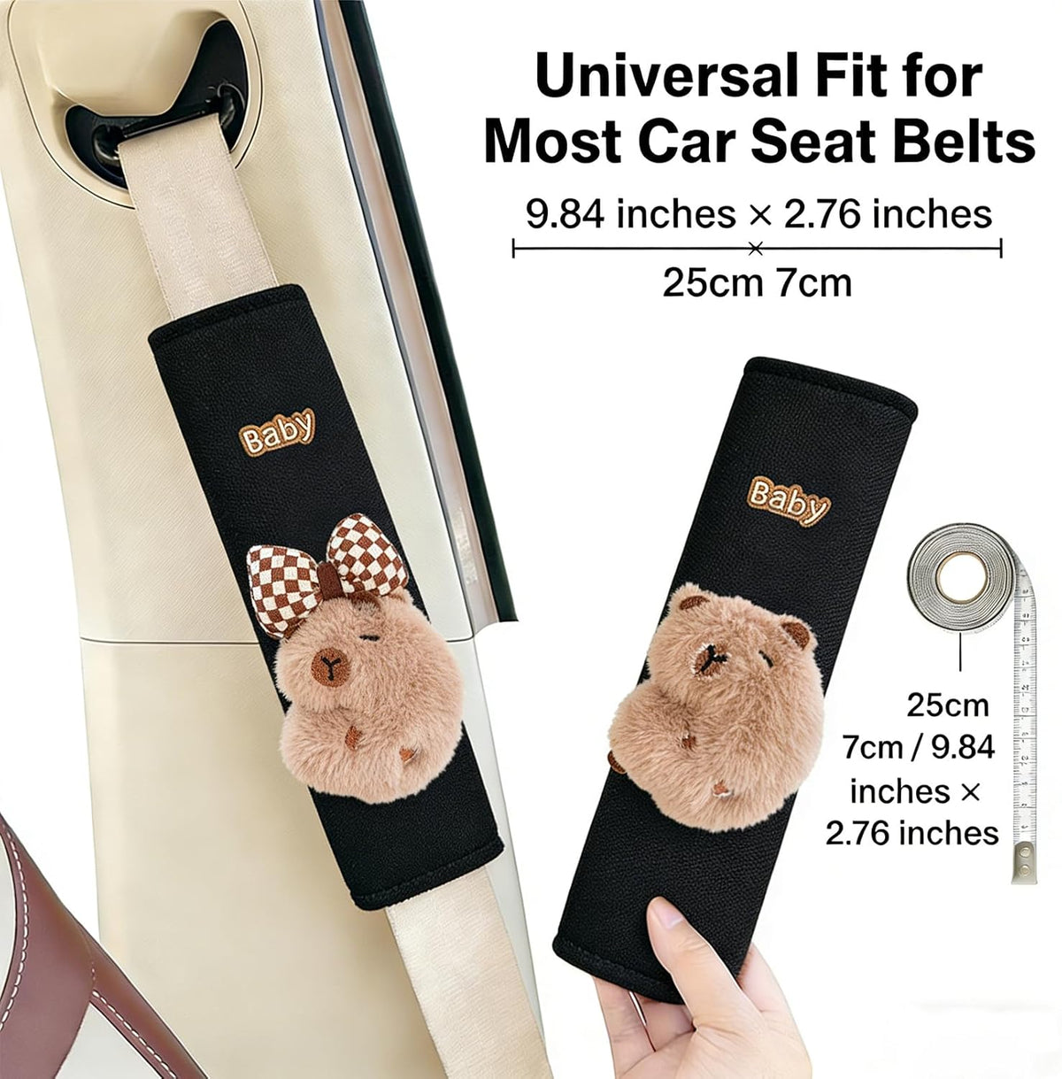 BoAn 2PCS Black Capybara Seat Belt Cover, Cute Soft Shoulder Pad for Adults