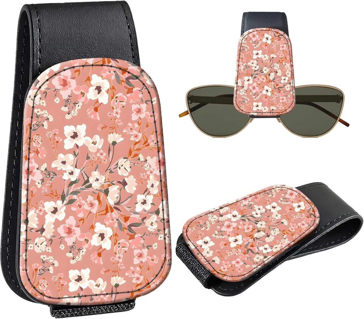 Leather Magnetic Sunglass Holder for Car Sun Visor, Cute Eyeglass Ticket Card Hanger Clip, Universal Auto Interior Accessories for SUV Pickup Truck, Cherry Pattern