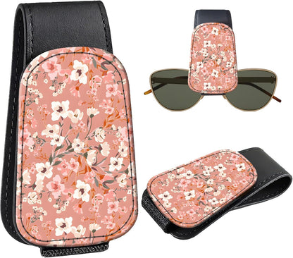 Leather Magnetic Sunglass Holder for Car Sun Visor, Cute Eyeglass Ticket Card Hanger Clip, Universal Auto Interior Accessories for SUV Pickup Truck, Cherry Pattern