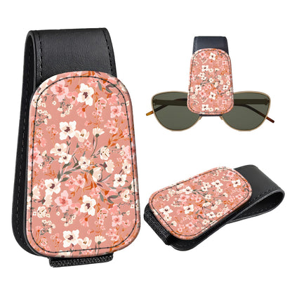 Leather Magnetic Sunglass Holder for Car Sun Visor, Cute Eyeglass Ticket Card Hanger Clip, Universal Auto Interior Accessories for SUV Pickup Truck, Cherry Pattern