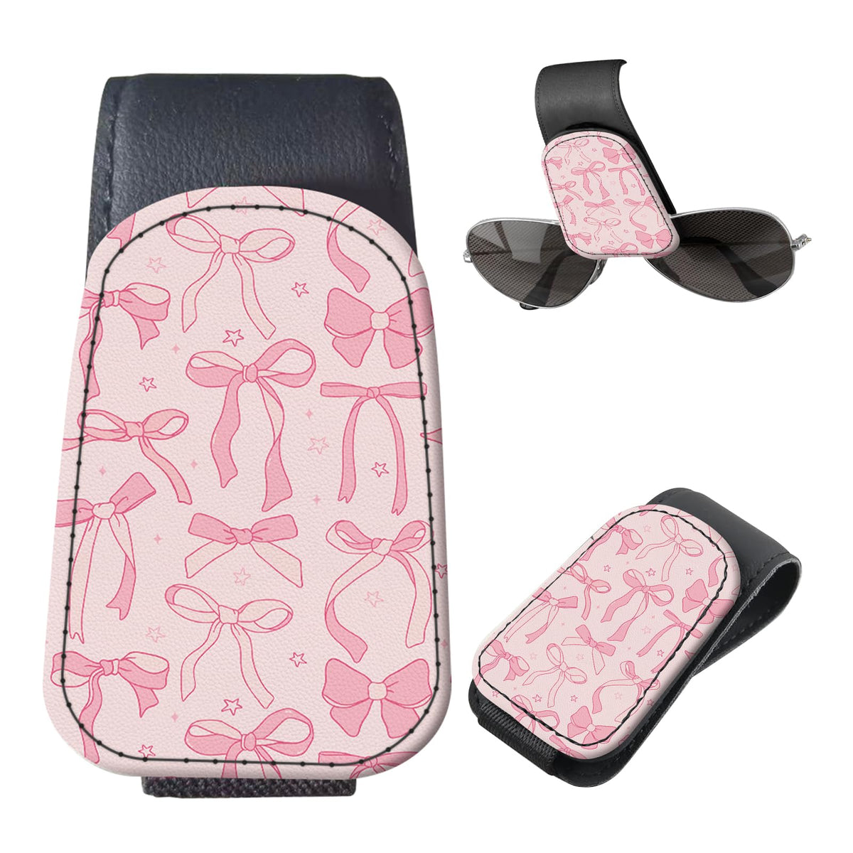 Sunglasses Holder for Car Visor, PU Leather Glasses Clip Organizer, Cute Magnetic Eyeglass Holder for Vehicle Sun Visor, Car Interior Accessory for Women & Men Black Sparkle Leopard