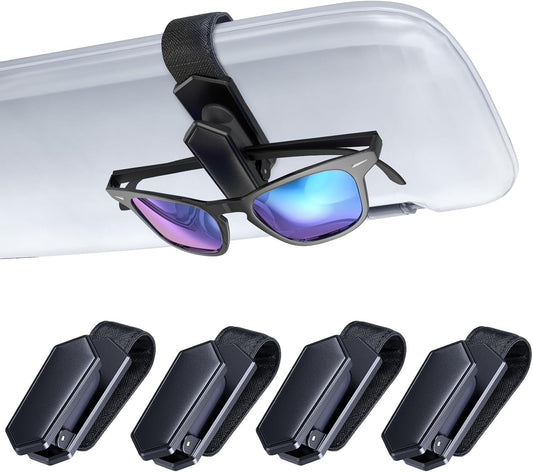 Veharvim One-Handed-Operation Sunglasses Holder for Car, Visor Sunglass Holder Clip, Car Accessories Interior, Universal Fit Silicone Padded Visor Sunglass Holder Car, Unmatched Durability (4 Pack)