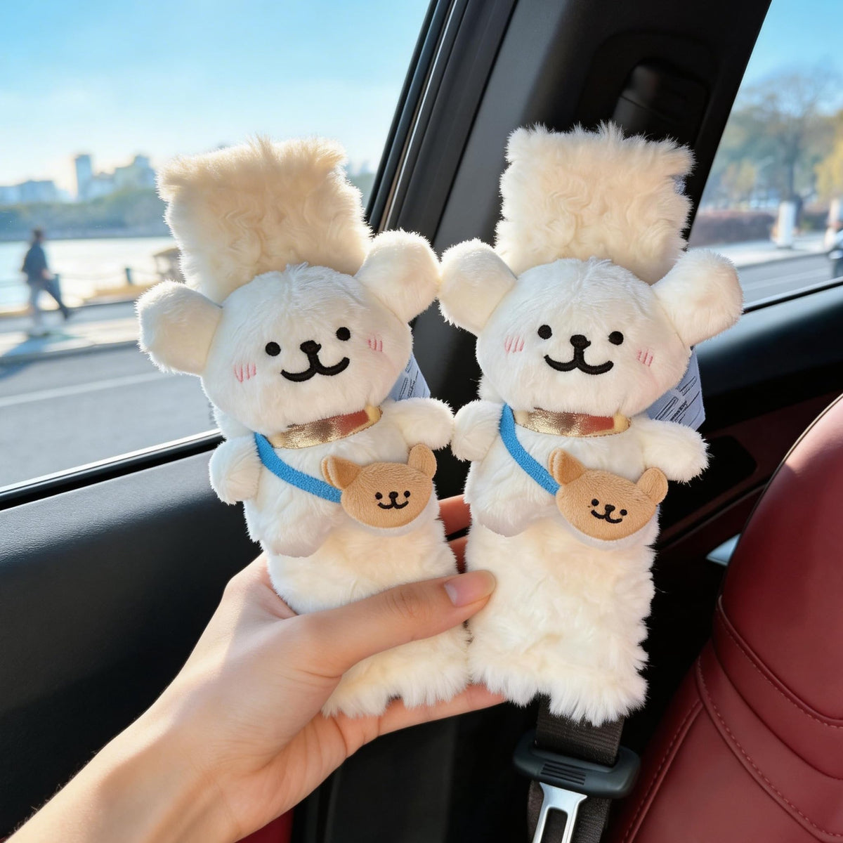 2 PCS Seat Belt Cover Pad, Cute Kawaii Animal Dog Soft Seatbelt Covers for Kids, Womens Seatbelt Cushion, Car Seat Strap Pads (White+Khaki)