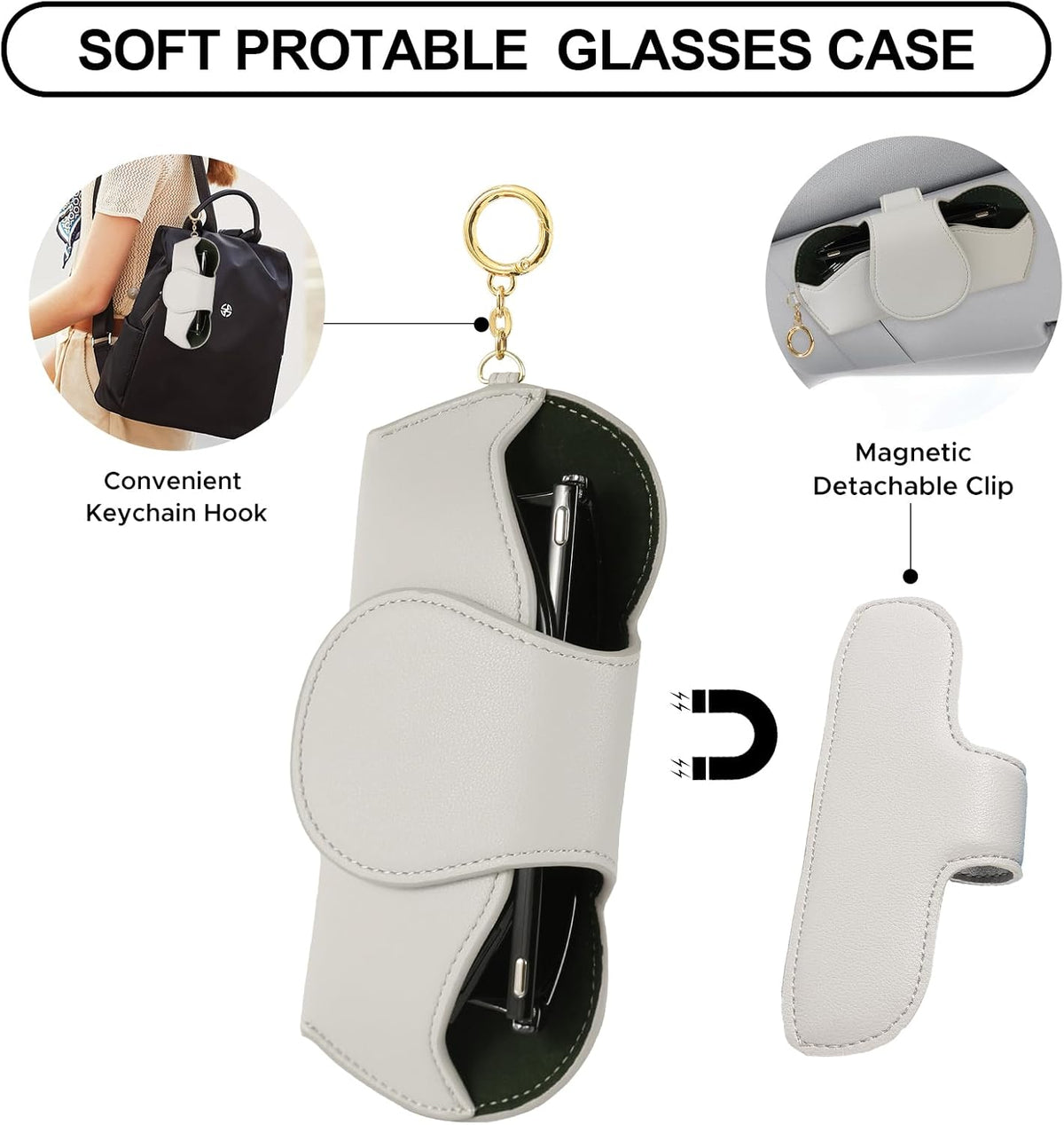 KINIVA Sunglasses Holder for Car Visor with Hanging Hook Portable Leather Glasses Storage Bag with Detachable Clips