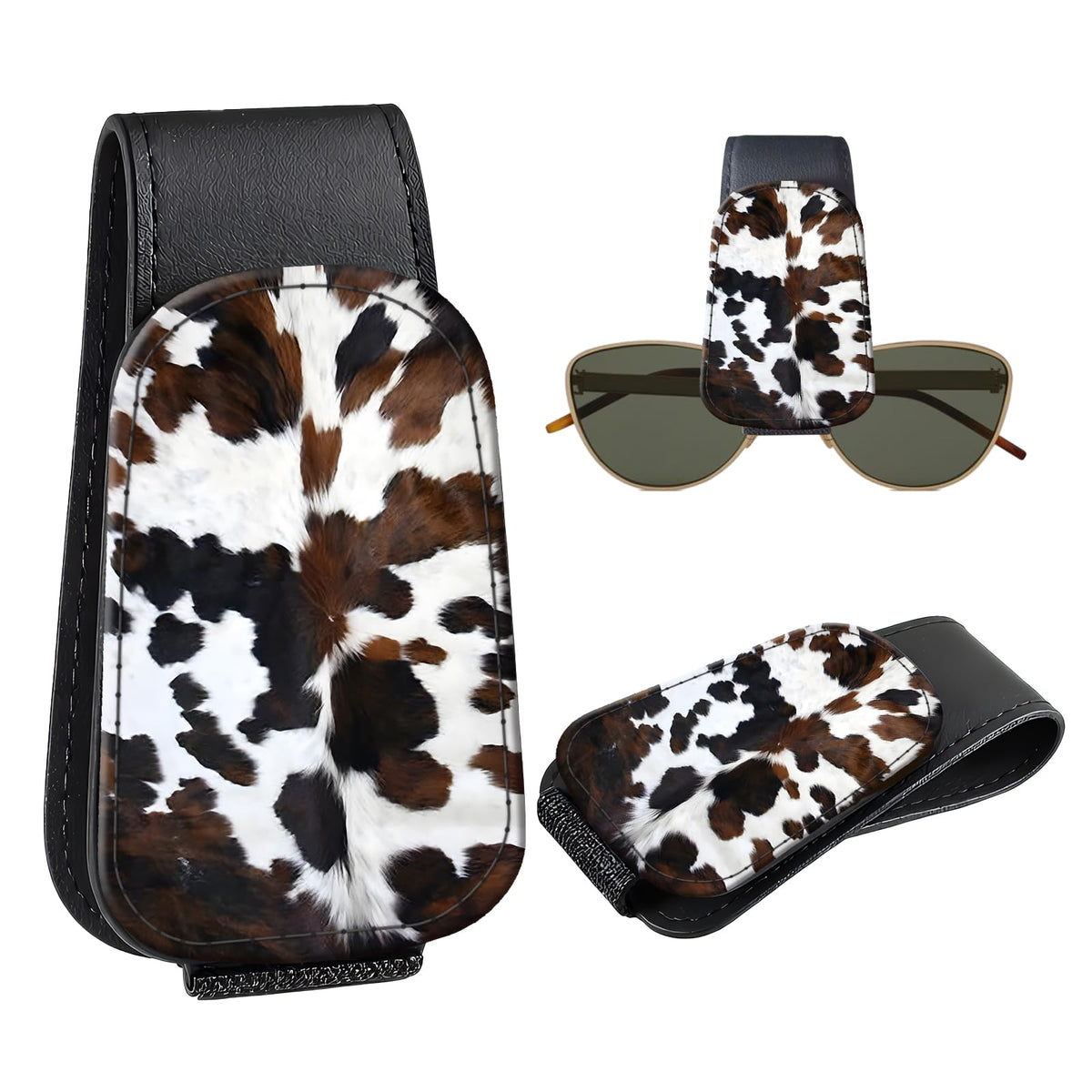 Leather Magnetic Sunglass Holder for Car Sun Visor, Cute Eyeglass Ticket Card Hanger Clip, Universal Auto Interior Accessories for SUV Pickup Truck, Green Camo
