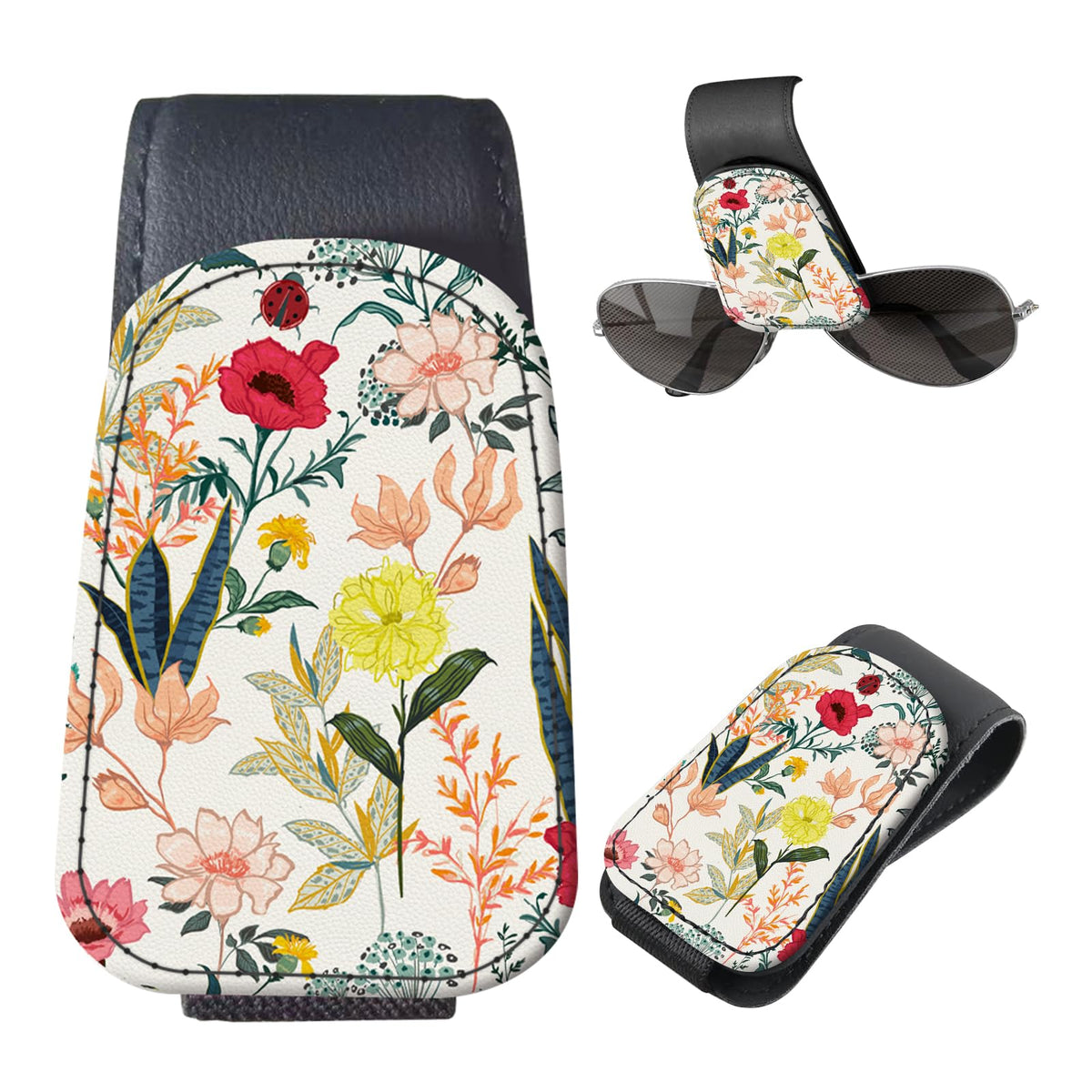 Sunglasses Holder for Car Visor, PU Leather Glasses Clip Organizer, Cute Magnetic Eyeglass Holder for Vehicle Sun Visor, Car Interior Accessory for Women & Men Tropical Neon Flowers