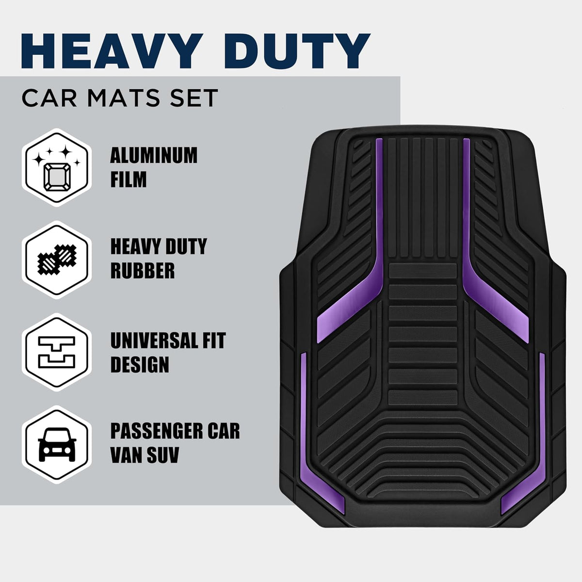 PIC AUTO Heavy Duty Rubber Floor Mats, Purple Aluminum Film Car Mats Set, Front and Rear Car Mats with Anti-Slip Backing, All Weather Protection, Trim-to-Fit for Automotive SUV, Sedan, Van