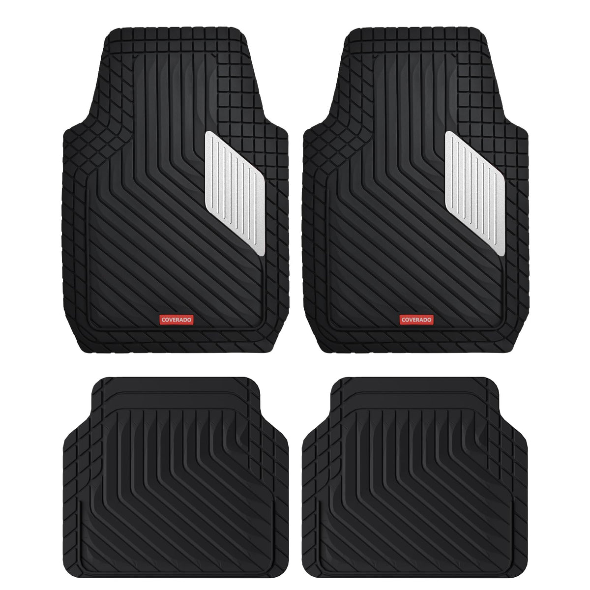 Coverado Heavy-Duty PVC Car Floor Mats Full Set – Black Metallic Heel Pad, All-Weather Protection for Front & Rear, Non-Slip Backing, Easy-to-Clean Liners, 4 Pcs