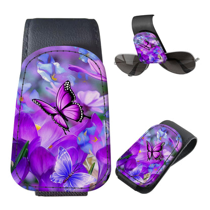 Sunglasses Holder for Car Visor, PU Leather Glasses Clip Organizer, Cute Magnetic Eyeglass Holder for Vehicle Sun Visor, Car Interior Accessory for Women & Men Purple Butterfly Bloom