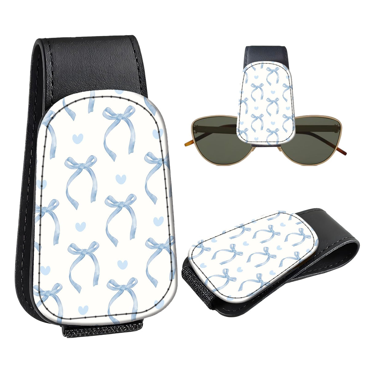 Leather Magnetic Sunglass Holder for Car Sun Visor, Cute Eyeglass Ticket Card Hanger Clip, Universal Auto Interior Accessories for SUV Pickup Truck, Sun Moon