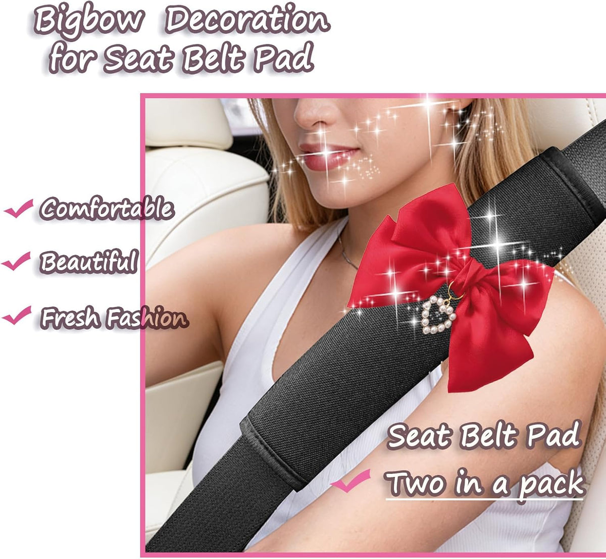 Fashion Big Bow Car Seat Belt Cover Shoulder Strap Pads (2 Pcs), Cute Car Accessories Seatbelt Covers Protector Universal (Red Bow Black Cover)