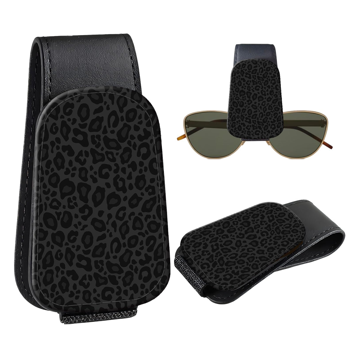 Leather Magnetic Sunglass Holder for Car Sun Visor, Cute Eyeglass Ticket Card Hanger Clip, Universal Auto Interior Accessories for SUV Pickup Truck, Green Camo