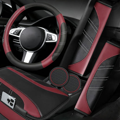 NBTEPEM 6 Pcs Pink Steering Wheel Cover Set, Sport Microfiber Leather Steering Wheel Cover 14.5-15inch Universal, Car Center Console Cover, Seat Belt Cushion, Cup Coasters, Pink Car Accessories Set