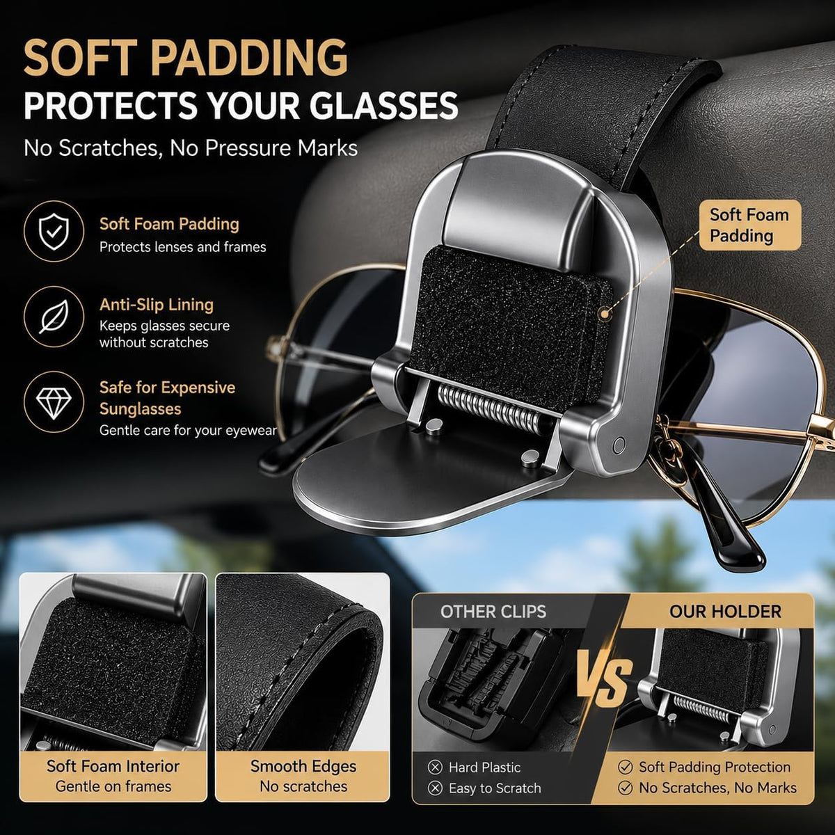 Premium Aluminum Car Sunglasses Holder for Visor, One-Hand Glasses Clip with Soft Padding, Universal Eyeglass Holder for Car Sun Visor, Secure & Scratch-Free Design (2 Packs)