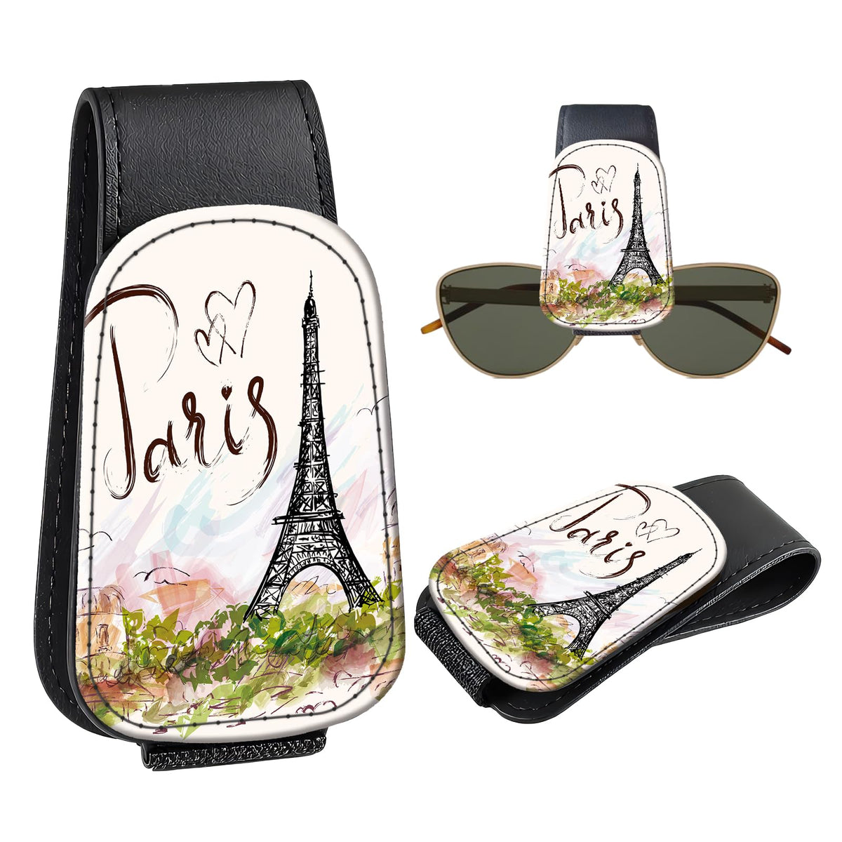 Leather Magnetic Sunglass Holder for Car Sun Visor, Cute Eyeglass Ticket Card Hanger Clip, Universal Auto Interior Accessories for SUV Pickup Truck, Green Camo