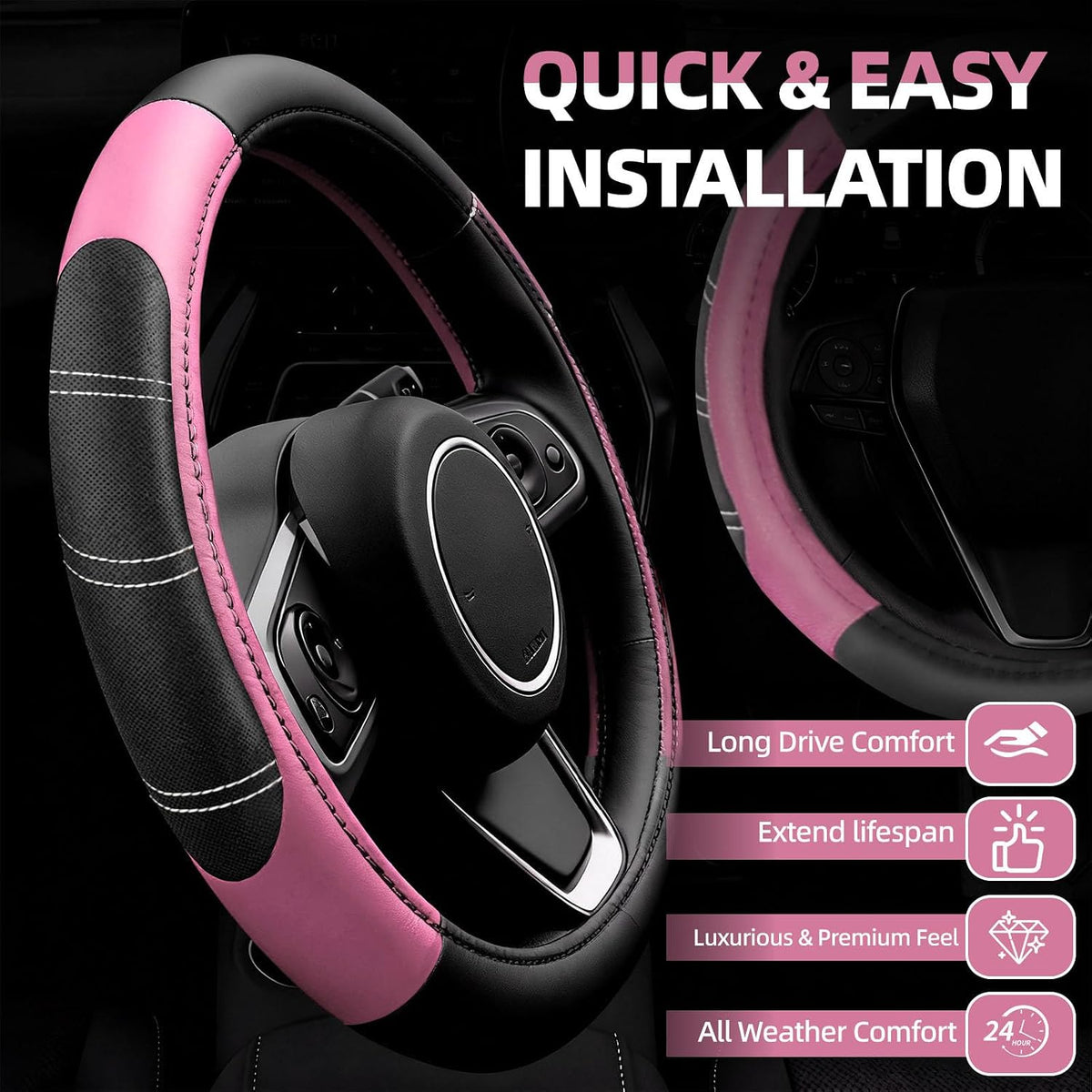 NBTEPEM 6 Pcs Pink Steering Wheel Cover Set, Sport Microfiber Leather Steering Wheel Cover 14.5-15inch Universal, Car Center Console Cover, Seat Belt Cushion, Cup Coasters, Pink Car Accessories Set
