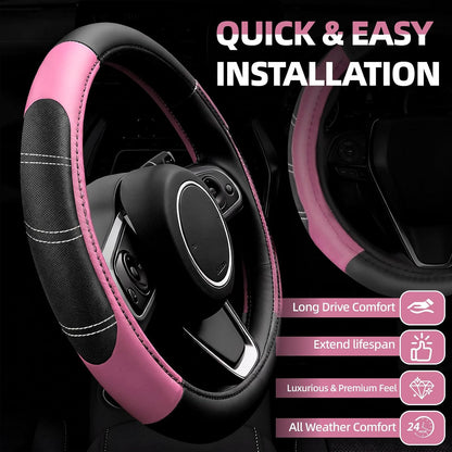 NBTEPEM 6 Pcs Pink Steering Wheel Cover Set, Sport Microfiber Leather Steering Wheel Cover 14.5-15inch Universal, Car Center Console Cover, Seat Belt Cushion, Cup Coasters, Pink Car Accessories Set