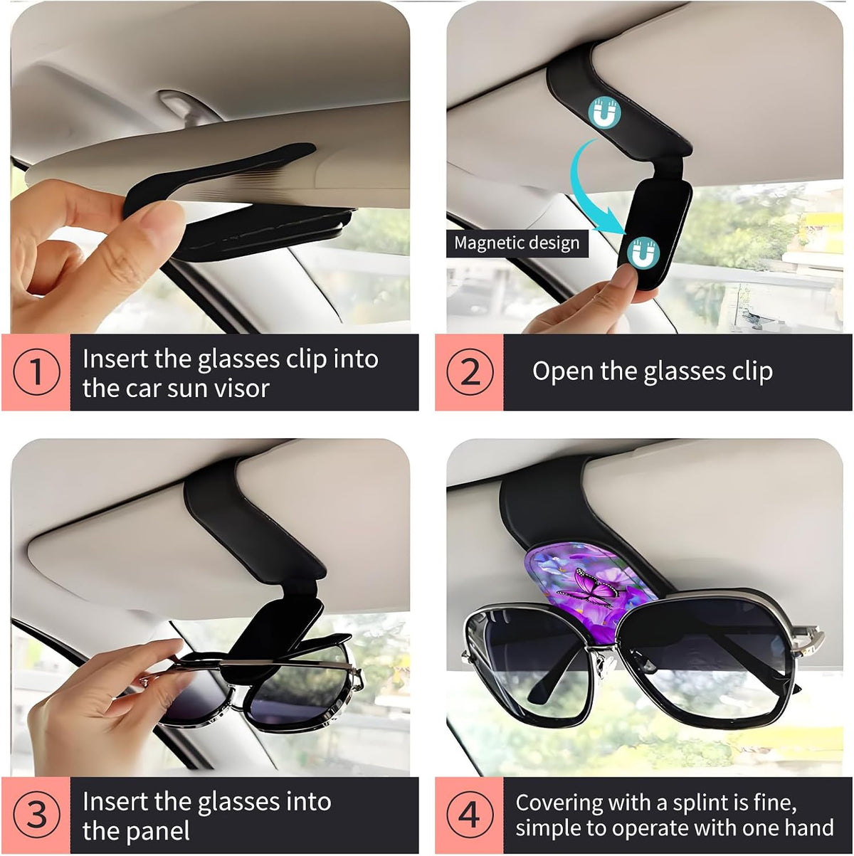 Sunglasses Holder for Car Visor, PU Leather Glasses Clip Organizer, Cute Magnetic Eyeglass Holder for Vehicle Sun Visor, Car Interior Accessory for Women & Men Purple Butterfly Bloom