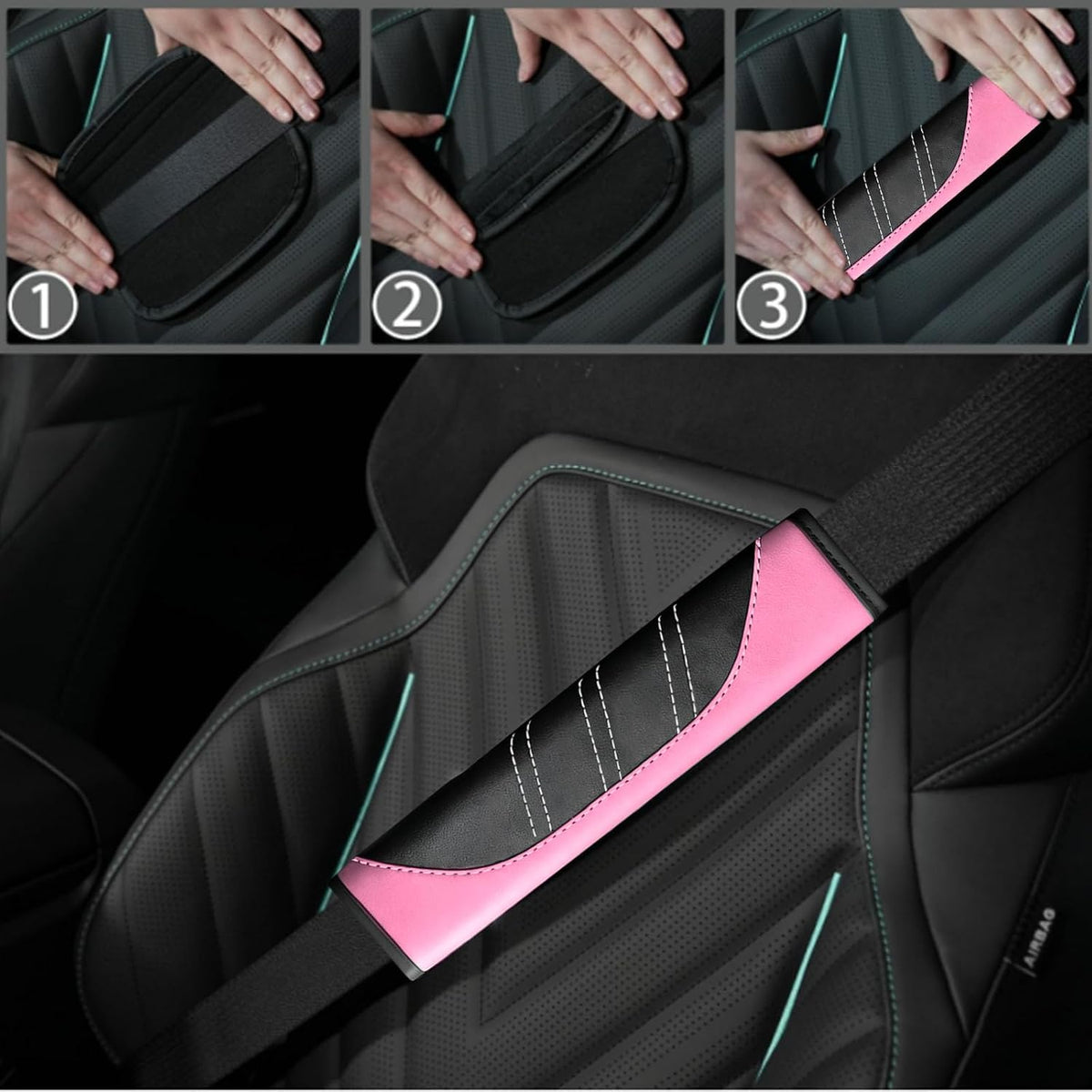 NBTEPEM 6 Pcs Pink Steering Wheel Cover Set, Sport Microfiber Leather Steering Wheel Cover 14.5-15inch Universal, Car Center Console Cover, Seat Belt Cushion, Cup Coasters, Pink Car Accessories Set