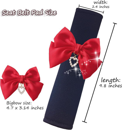 Fashion Big Bow Car Seat Belt Cover Shoulder Strap Pads (2 Pcs), Cute Car Accessories Seatbelt Covers Protector Universal (Red Bow Black Cover)