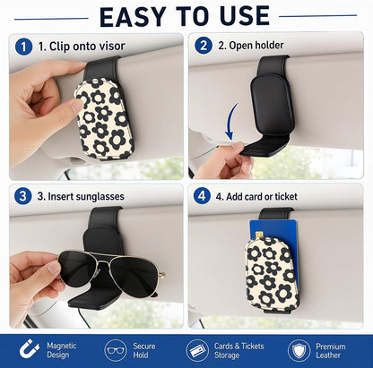 Leather Magnetic Sunglass Holder for Car Sun Visor, Cute Eyeglass Ticket Card Hanger Clip, Universal Auto Interior Accessories for SUV Pickup Truck, Beige Flower