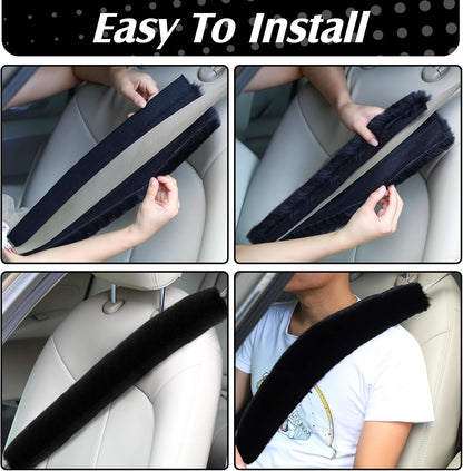 Boao 4 Pack Sheepskin Seat Belt Cover Shoulder Pad,25.5 Inch,Black