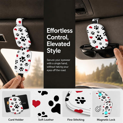 Sunglasses Holder for Car Visor, PU Leather Glasses Clip Organizer, Cute Magnetic Eyeglass Holder for Vehicle Sun Visor, Car Interior Accessory for Women & Men, Paw Hearts