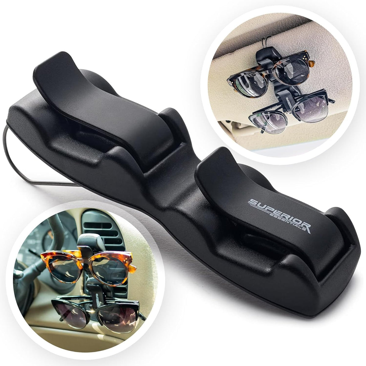 SUPERIOR ESSENTIALS Sunglass Holder for Car Visor Clip - Sun-Glasses Holder and Ticket Card Clips - Car Visor Accessories - Luxury Eyeglass Car Mount (Pack 2)