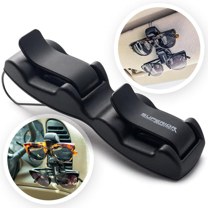 SUPERIOR ESSENTIALS Sunglass Holder for Car Visor Clip - Sun-Glasses Holder and Ticket Card Clips - Car Visor Accessories - Luxury Eyeglass Car Mount (Pack 2)